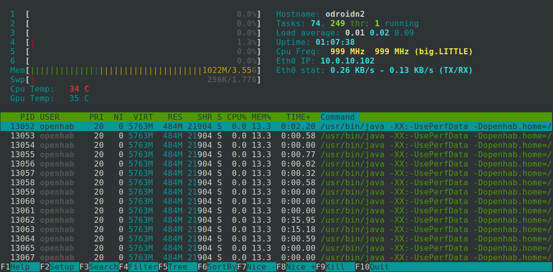 Observe activities with htop